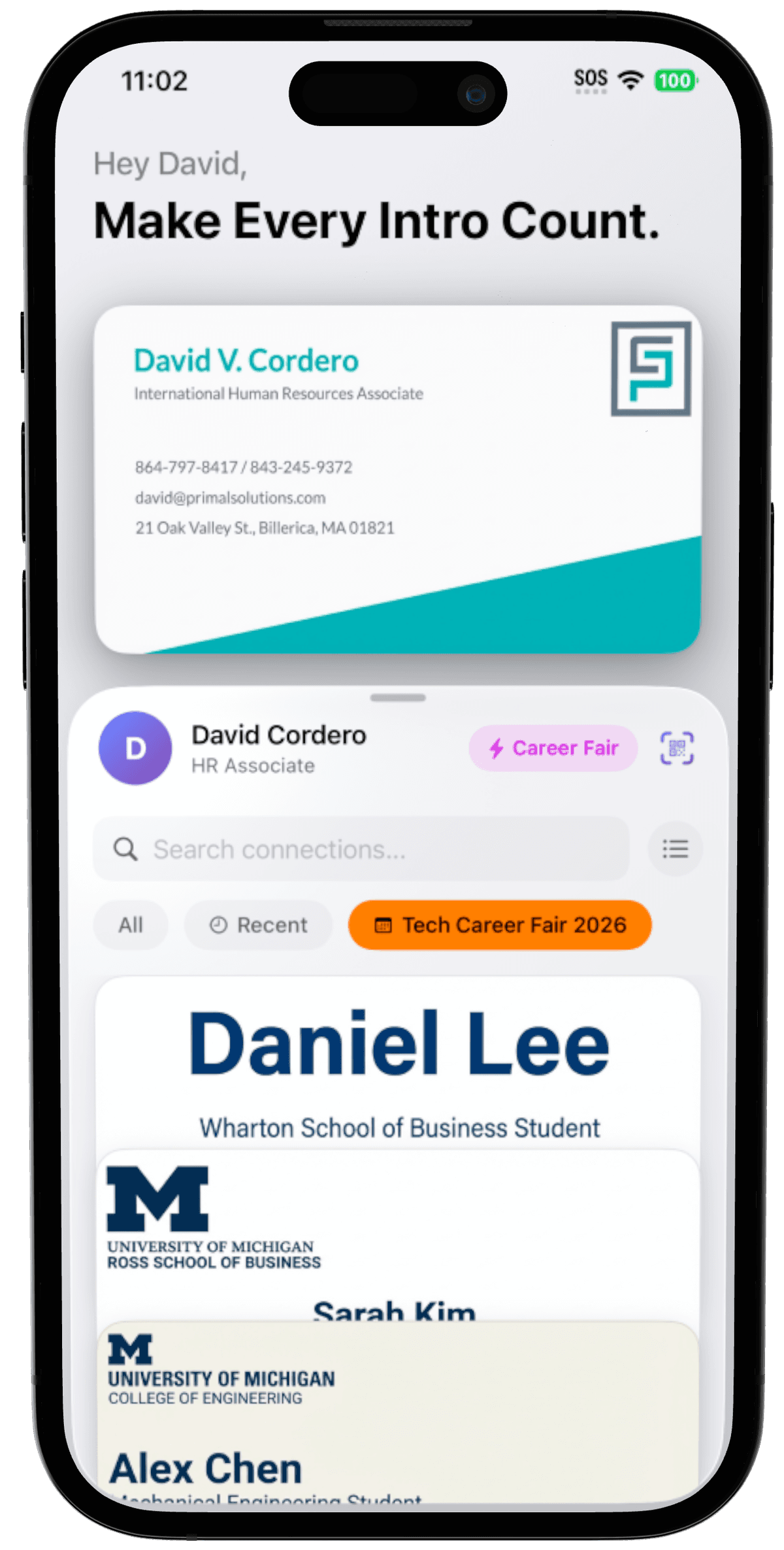Student's digital business card with QR code
