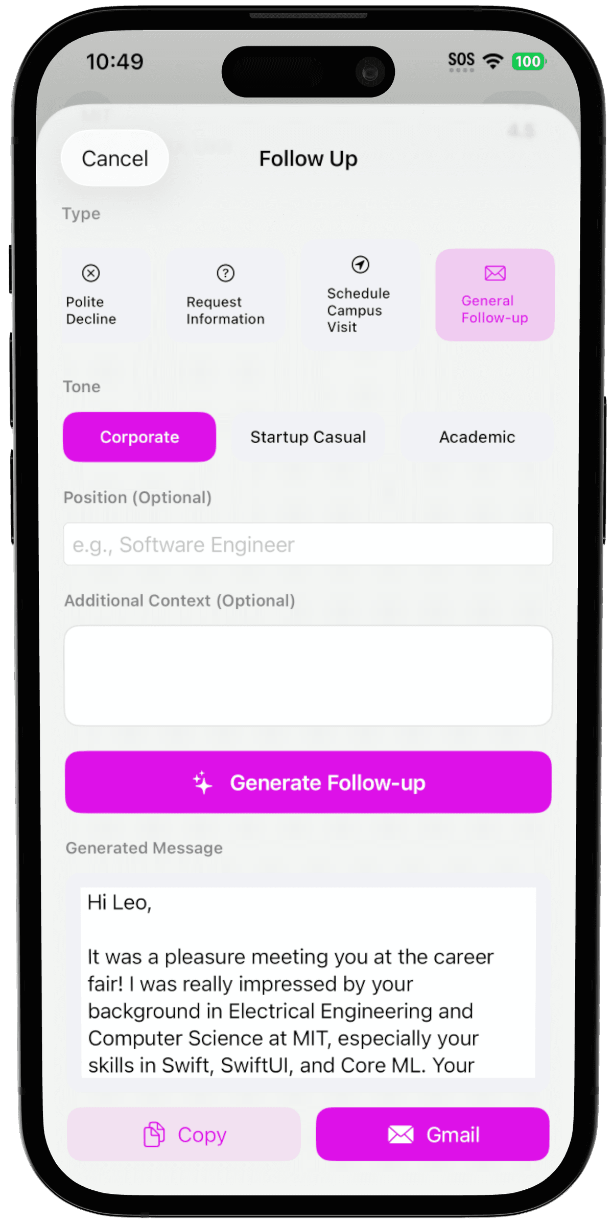 AI-drafted follow-up email with conversation context